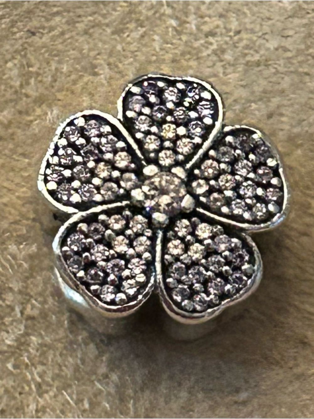 Pandora Silver Flower Pave Brooch with Light Purple and Clear Crystals